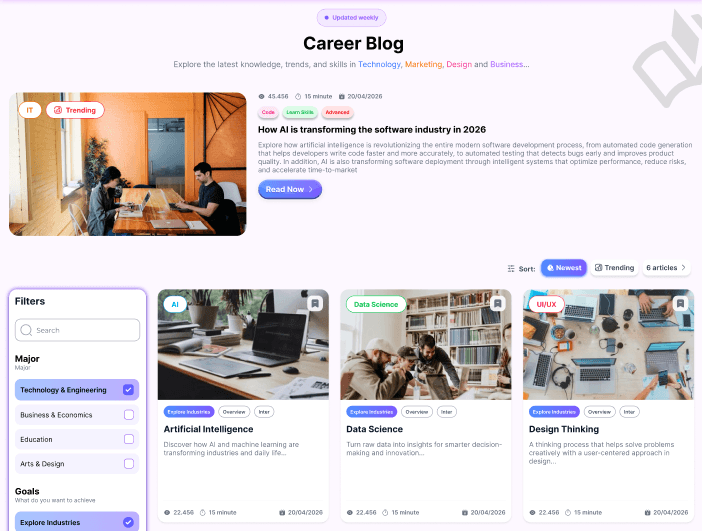 Preview of the career blog with featured articles and filters