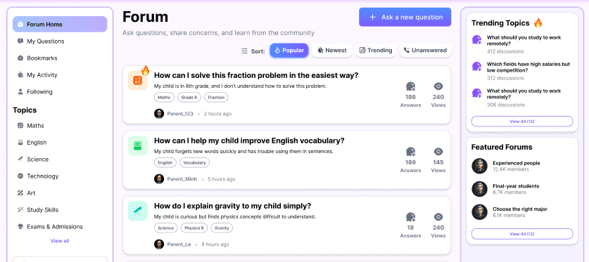 Preview of the community forum with student questions and answers