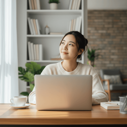 A student looking up from her laptop, imagining the paths ahead